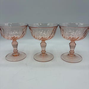 French Glassware Rosaline Sherbert Dessert Wine Champagne Glasses Vintage Coup Shape Set of 3 Arcoroc Luminarc Stemware Swirled Pink France