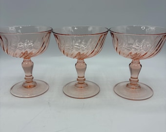 Vintage Rosaline Swirl Champagne Coupes, Set of 3, Pink Glassware