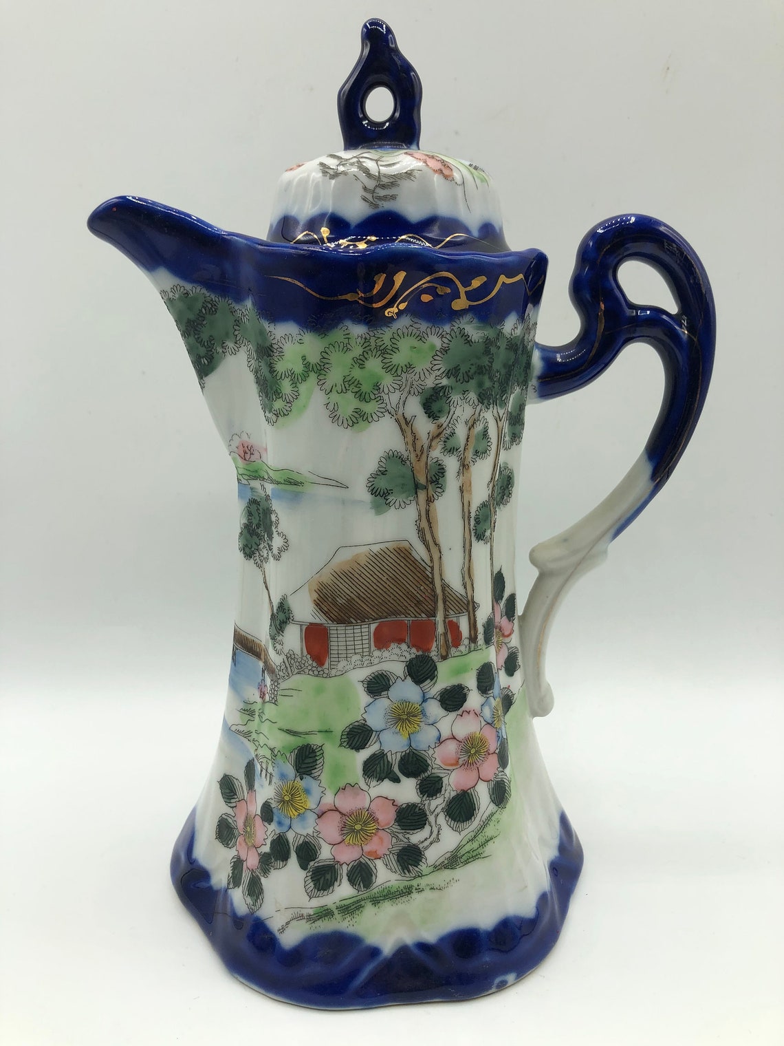 Antique Japanese Geisha Chocolate Pot Set Cups Saucer Blue Etsy