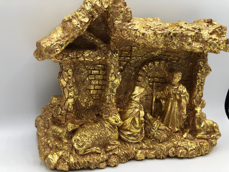 Vintage Nativity Manger Scene Gold Sculptural Christmas Decor Etsy
