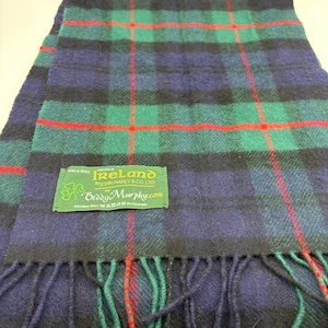 Vintage Irish Wool Clan Scarf Blue Green Red Woven in Ireland Tartan Plaid Scarves Biddy Murphy John Hanly Pure New Wool Warm Winter Scarf