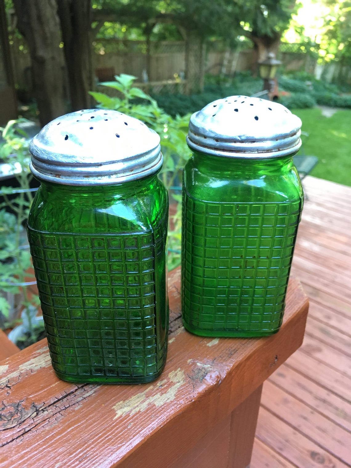 Green Depression Glass Large Salt and Pepper Shakers Owens Etsy