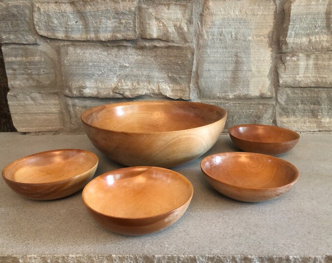 Vintage Maple Wood Salad Bowl Set 5 Piece Wooden Bowl Set Made in Japan Large Serving Bowl