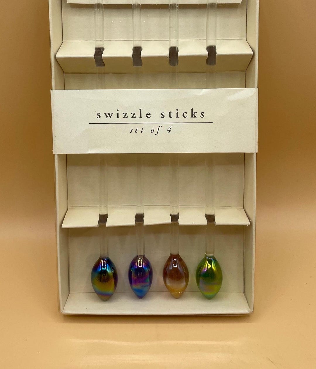Set of 4 Iridescent Swizzle Sticks Multi Color Pier One Glass Cocktail Drink Stirrers Stir Sticks Colorful Barware Cocktail Party Bar Cart
