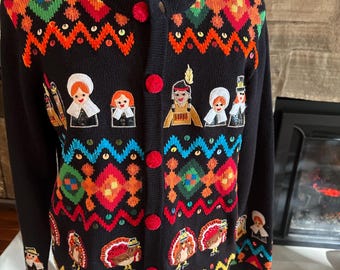 Vintage Beaded Thanksgiving Cardigan Sweater, Pilgrim Turkey Design (Size M)