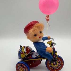 Vintage Boy on Trike with Balloon Tin Toy 1990s Made in Korea Tin Litho Wind Up Tricycle Scooter Bell Happy Days Pink Balloon Circus MTU Toy