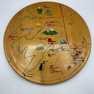 Vintage Alaska Wooden Plate Mid Century 1950s Illustrated Alaskan Travel Map Decorative Wood Platter Wall Decor MCM Folk Art Wall Plate