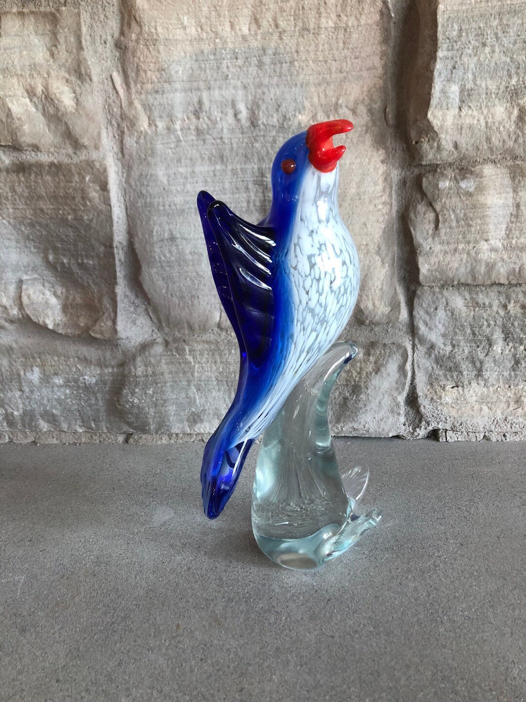 Salviati｜murano/ムラーノ｜ガラスオブジェクト｜青茶｜鳥｜ Vintage Murano Style Art Glass Bird Clear and Blue With Open