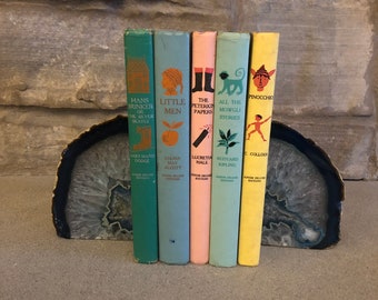 80s illustrated books Vintage Children's Set of Five Junior Deluxe Books Little Men - The Peterkin Papers - All The Mowgli Stories - Pinocchio Children's Decor