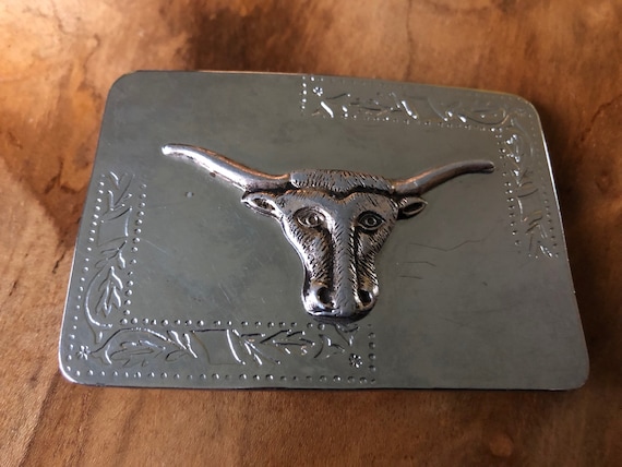 Western Cowboy Rodeo Decor Raised Silver Plated Longhorn Belt Buckle