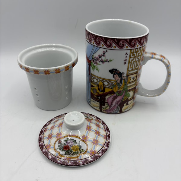Vintage Chinese Tea Mug with Infuser and Lid, Asian Art Ceramic Tea Cup