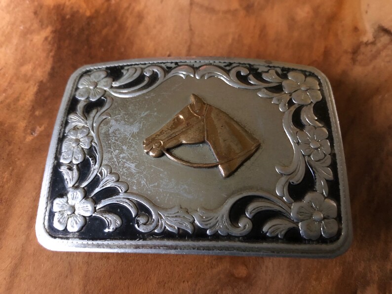 NEW HORSE HEAD SILVER GOLD FARM WESTERN COWBOY RODEO BELT BUCKLE