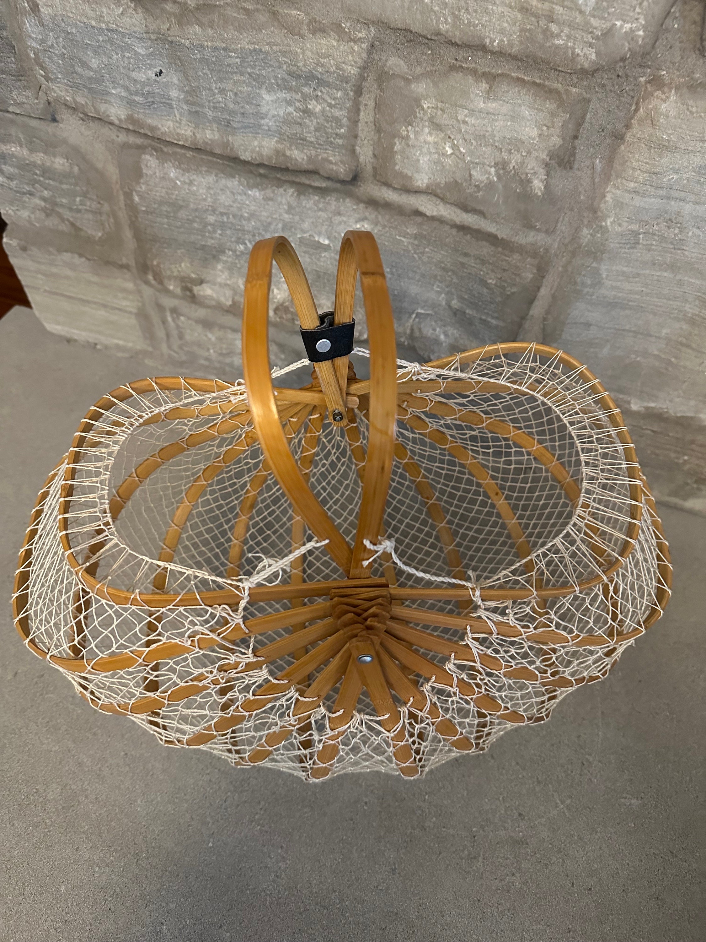bamboo net fold fishing Vintage Folding Shimaken Purse Japanese Fishnet Collapsible Bamboo Fishing  Net Basket Asian Basket Accordion Basket