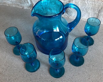 Vintage Blue Cordial Set with 5 Glasses and Decanter Vintage Decanter Set Appertif Set Blue Appertif Glasses Vintage Wine Set Blue Glassware