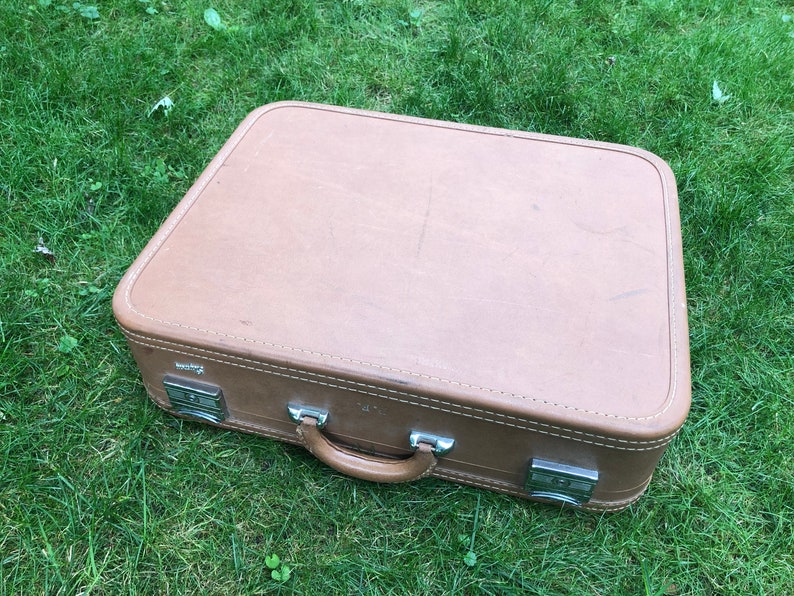 Vintage Skyway Brown Suitcase Stackable Hard Sided Luggage Medium Sized Retro Suit Case Bag Hipster Airplane Travel Overnight Bag Funky Case