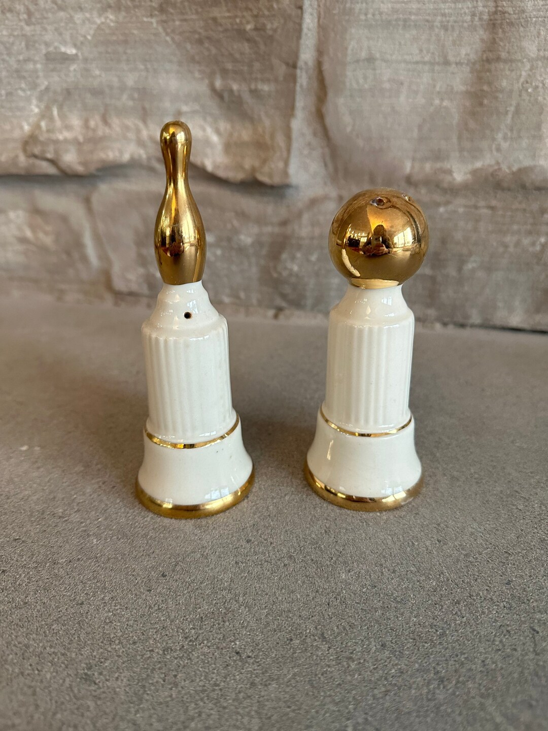 Vintage Bowling Ball and Pin Salt and Pepper Shakers Porcelain Bowling