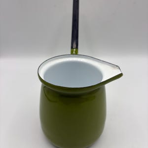 Vintage Green Enamelware Warming Pot with Handle, Butter Melter, Turkish Coffee, Milk Warmer