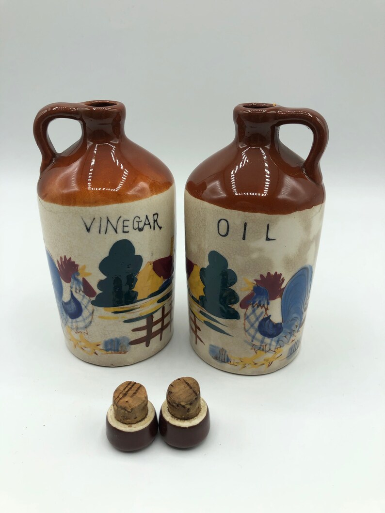 Oil and Vinegar Cruets Vintage Jugs Rooster Farm Scene Country Etsy