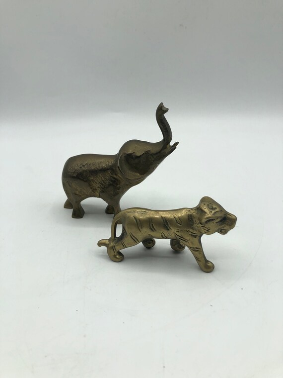 Pair of Brass Animal Figurines Tiger Elephant Feline Big Cat