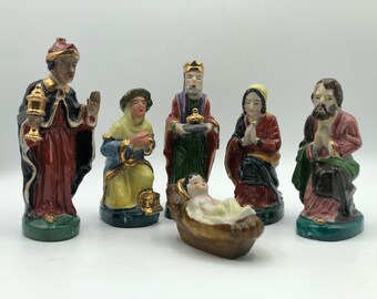 Vintage Colorful Mid Century Porcelain Nativity 6 Piece Set Figurines Manger Scene Wise Men Jesus Mary Joseph Vintage Christmas Decor MCM
