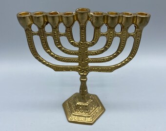 Vintage Small Brass Metal Menorah Hanukkah 9 Branches Jerusalem Mini Candle Holder Jewish Judaism Religious Alter Decor Judaica Candelabra