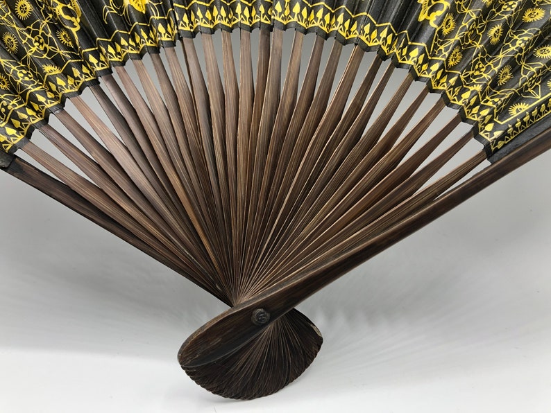 Antique Asian Hand Fan Vintage Gold Black Design Pink Flowers Ladies Japanese Handheld Mid Century Expandable Spanish Dance Party Fans Japan