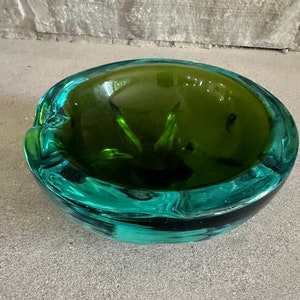 Vintage Murano Green and Turquoise Glass Ashtray Vintage Tobacciana Ash Tray 1970s Barware Mancave Lounge Made in Italy Art Glass Ashtray