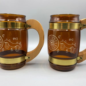 Pair Vintage Western Barrel Beer Mugs Glasses Cowboy Cups Branding Iron Yellowstone Wagon Wheel Ox Yoke Wood Handle Cabin Ranch Barware