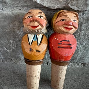 Vintage Anri Wooden Pair Man and Woman Bottle Stopper Bottle Topper Hand Carved Hand Painted Wood and Cork Wine Stopper