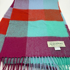 100% Cashmere Colorful Irish Pure New Wool Scarf Green Orange Blue Purple Pink Stripe Made in Scotland McKennas of Dingle