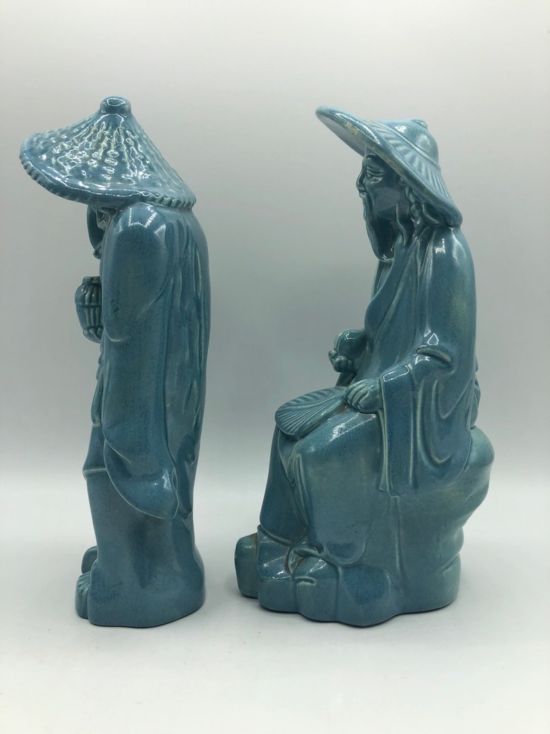 Pair Vintage Japanese Traditional Men Turquoise Robes Conical Hats Robes Mid Century Arnels Statues Aqua Blue Figurines Asian Oriental Art