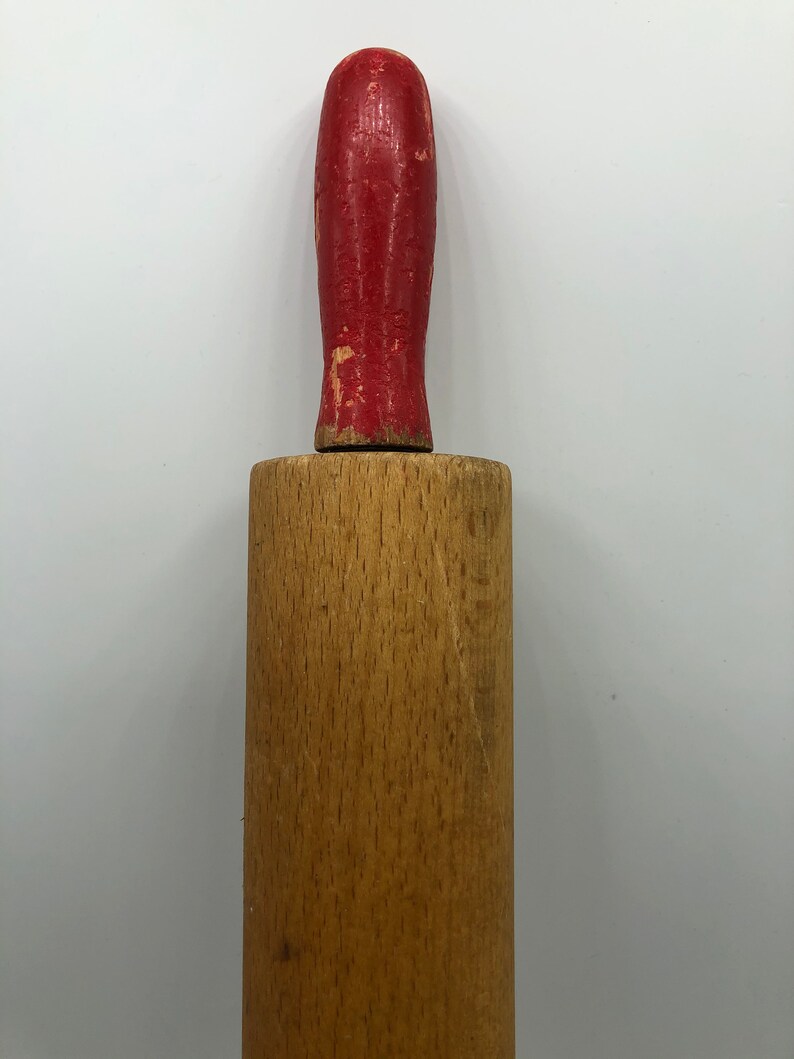 Vintage Wood Rolling Pin Red Handles Rustic Farmhouse Kitchen Etsy