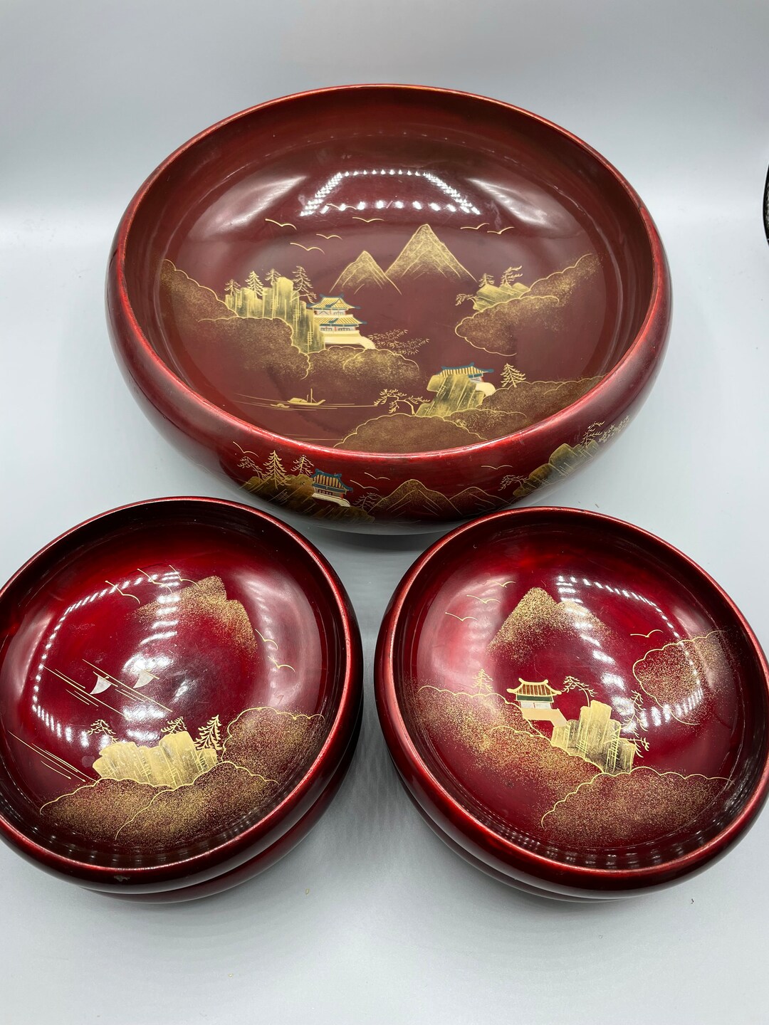 Vintage Japanese Wood Red Lacquer Salad or Soup Bowls 5 Piece Set Japan