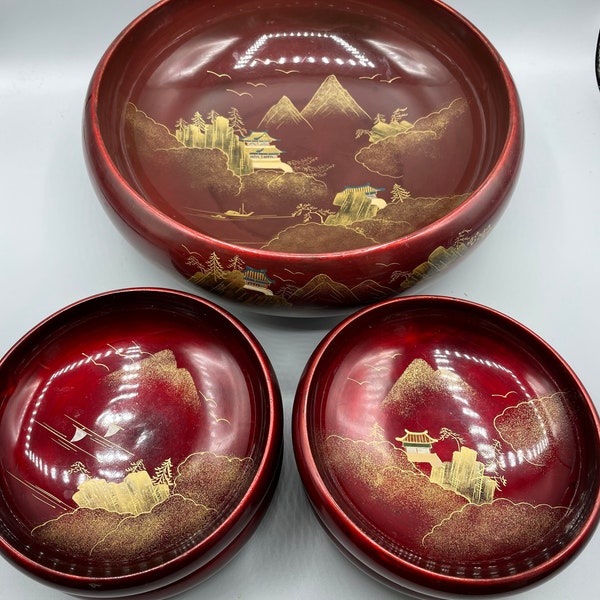 Vintage Japanese Wood Red Lacquer Salad or Soup Bowls 5 Piece Set Japan Rice Noodle Lacquered Asian Bowl Set Gold Trim Mountain Pagoda Scene