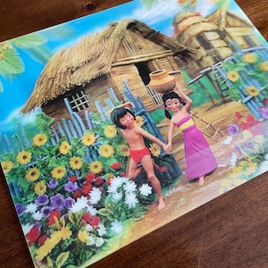1966 Jungle Book Walt Disney 3D Lenticular Vintage Mowgli Wall Art Optical Motion Picture Colorful Tiki Hut Hologram 1960s Movie Memorabilia