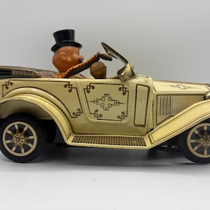 Vintage Japanese Alps Toy Car Tin Toy 1960s Battery Operated Gooney Mid Century Tophat Man Driving Old Top Down Buggy Tin Litho Bump N Go