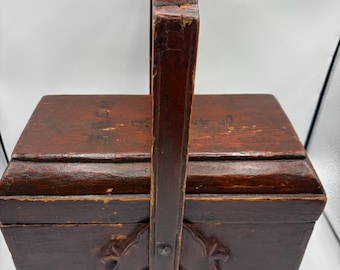 Antique Chinese Wooden Lunchbox: Lidded Carrying Box with Handle