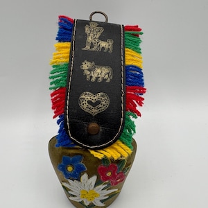 Swiss Cow Goat Bell Vintage Switzerland Gold Cowbell Colorful Strap German Brass Bell Farmhouse Bavaria Countryside Farm Decor Flowers
