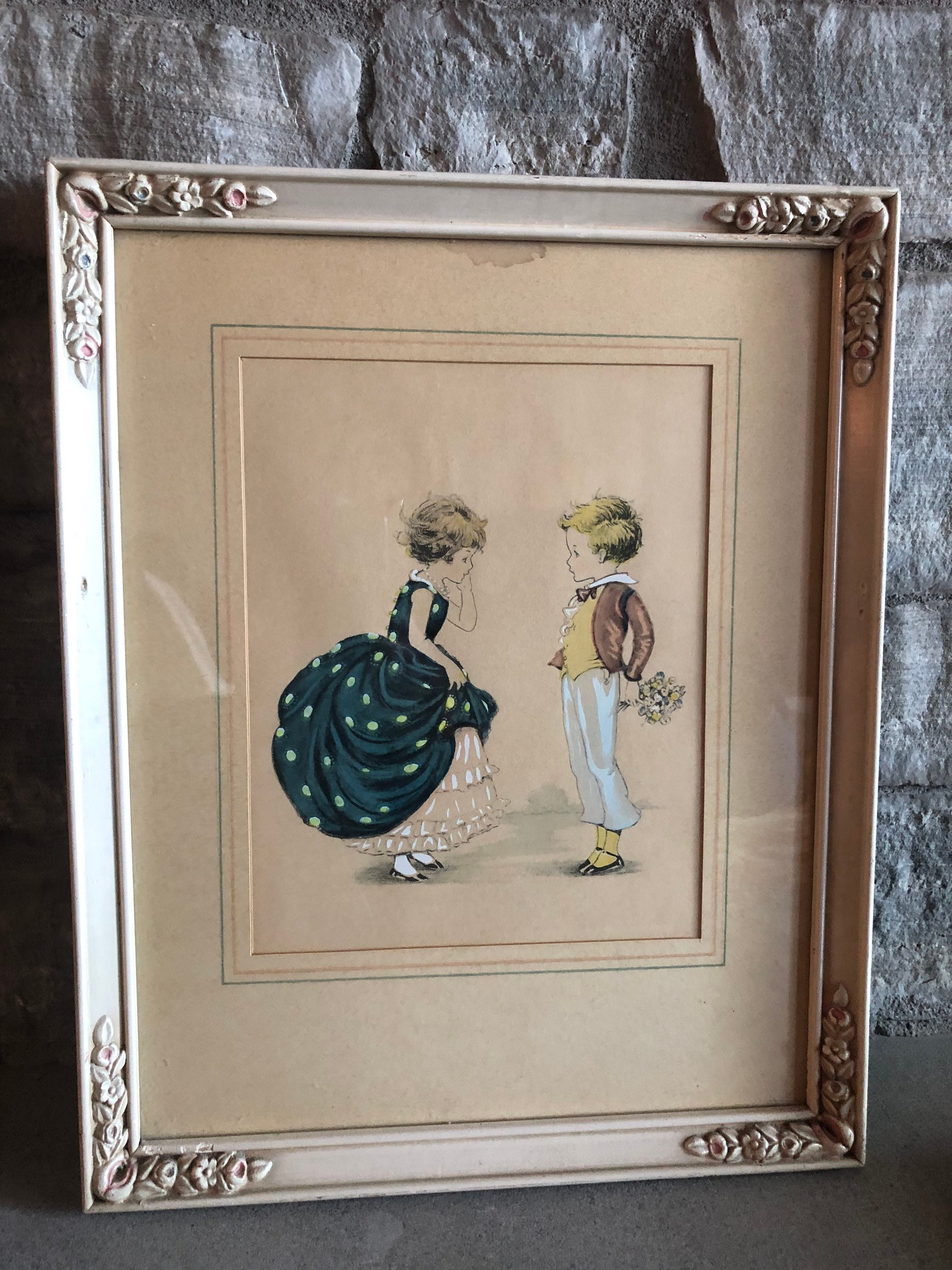 Vintage Framed Children's Art 1940's Boy and Girl Wall Etsy