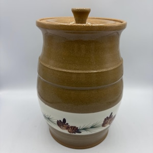 Large Mill Creek Stoneware Pottery Canister Terra Cotta Style Sandstone Cookie Jar Pinecone Design