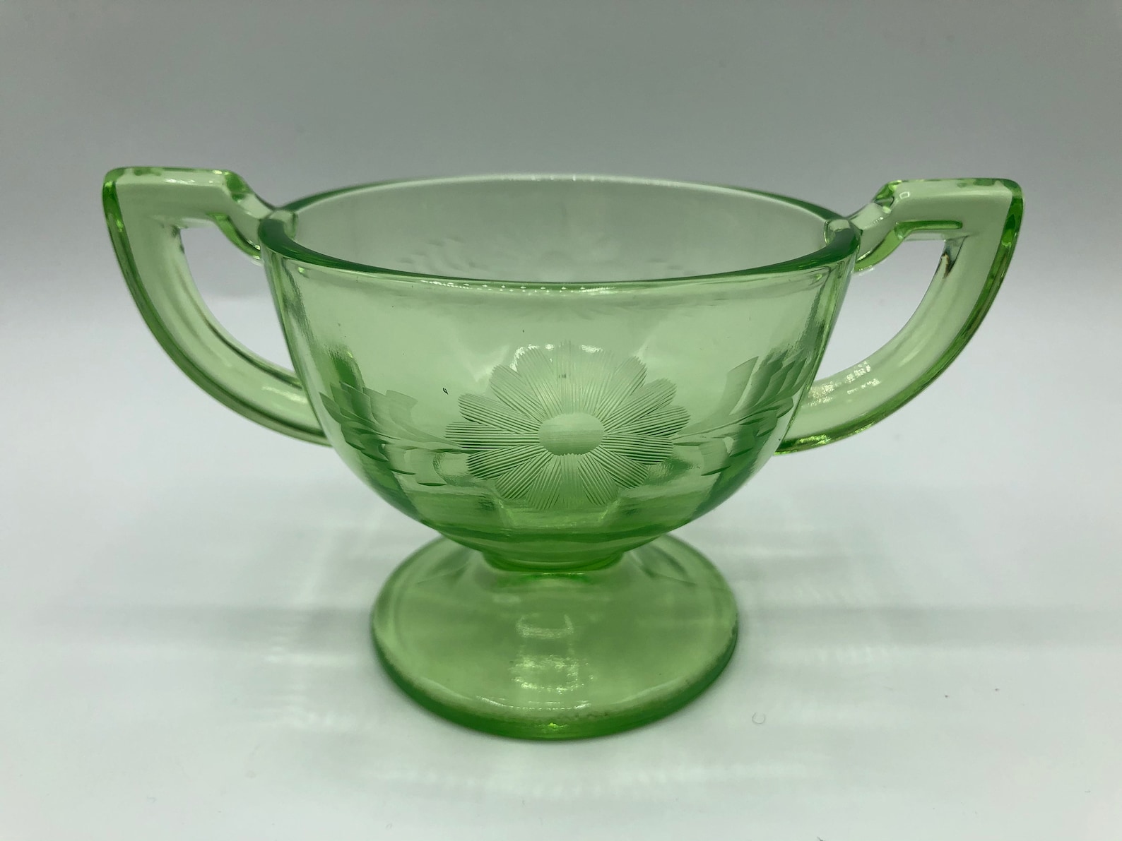 Green Vaseline Glass Etched Creamer and Sugar Bowl Vintage Etsy