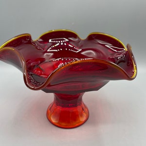 Vintage Red Orange Epic Viking Art Glass Footed Candy Dish Amberina Persimmon Pedestal 1960s MCM Glassware Free Form Handkerchief Compote