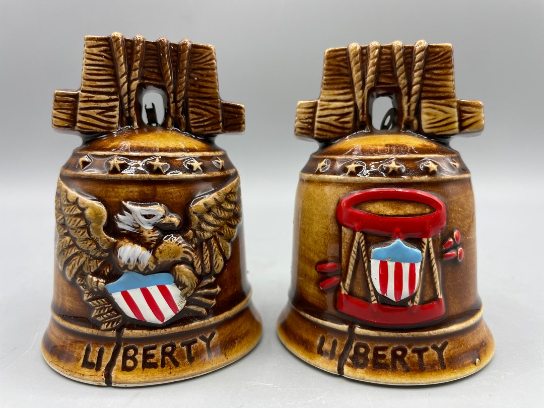 Patrioc Bell Ringer Matching Pair Ceramic Liberty Bells USA Flag Bell Patriotic US Eagle ...
