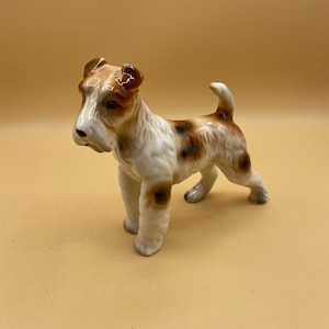 Porcelain Wire Fox Terrier Dog Figurine Vintage Lefton Ceramic Statue Retro Dog Decor Collectible White Brown Dog Knick Knack