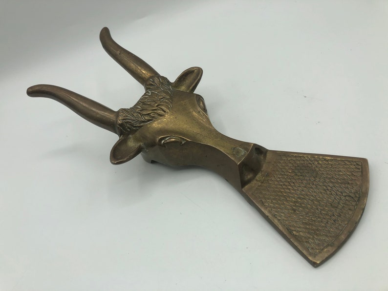 Solid Brass Steer Head Boot Jack Longhorns Texas Cow Horns Vintage Mid Century Western Home Decor 1960s Mid Century Modern Boho Sculpture