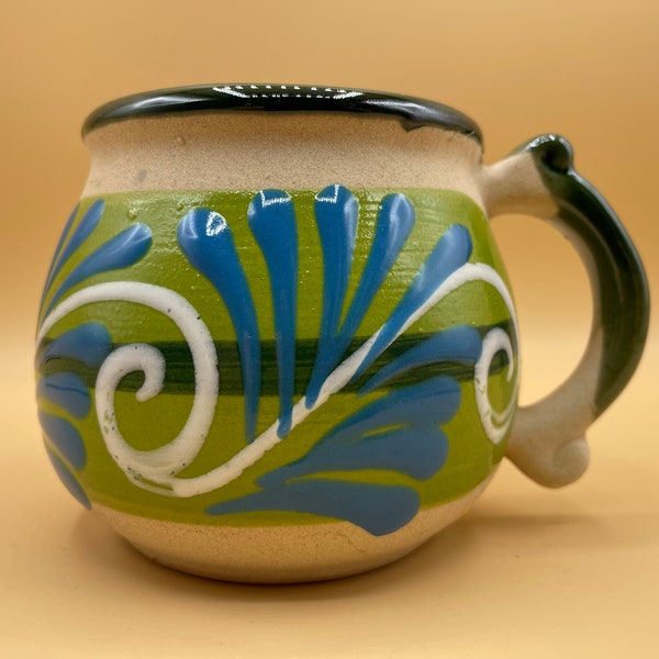 Mexican Pottery Coffee Cup Spanish Stoneware Mug Hand Painted Natural Brown Green Blue White Pattern Terra Cotta Sandstone Tonala Teacup