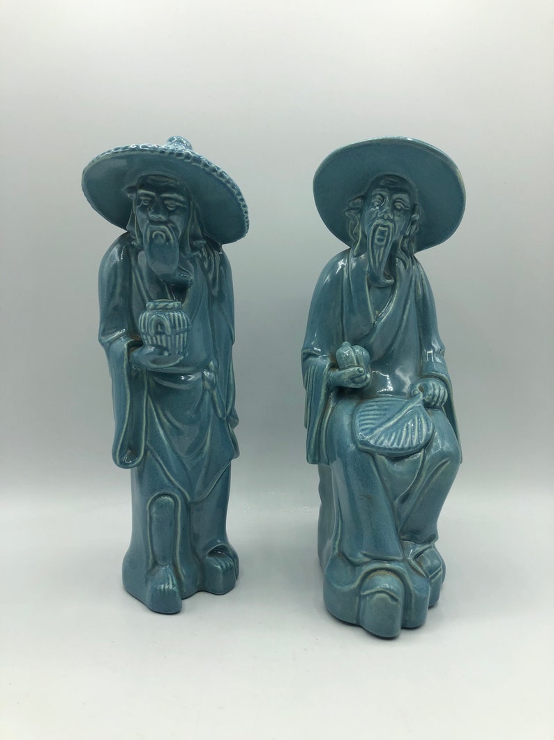 Pair Vintage Japanese Traditional Men Turquoise Robes Conical Hats Robes Mid Century Arnels Statues Aqua Blue Figurines Asian Oriental Art