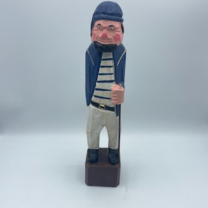 Vintage Sailor Fisherman with Spear Pirate Wood Carving Figurine Blue Sea Captain Jacket Nautical Hand Carved Statue Ocean Beach House Decor