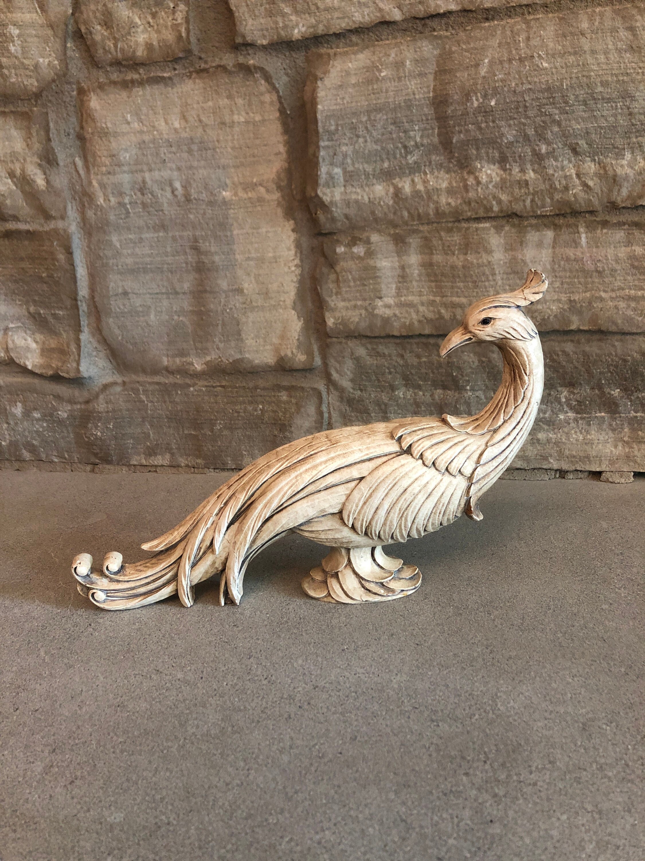 mcm vintage peacocks statues, 1950s white splatter peacock figurines