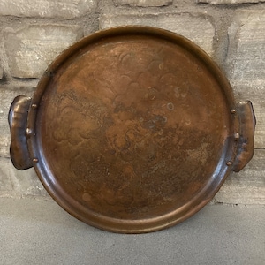 Vintage Round Craftsman Studios Hammered Copper Tray Copper Antique Arts and Crafts Copper Tray with Rim c 1930s